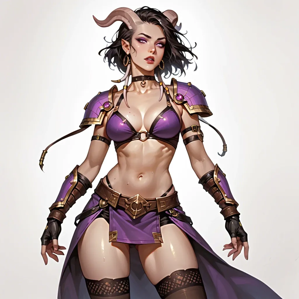 purple-skinned Draenei rogue who likes treasures. She have a perfect skinny body with big tits. She wears partially nude rogue outfit with stockings, bikini armor, skirt, choker, fantasy setting