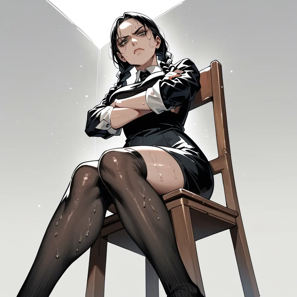 1girl, solo, Wednesday Addams \(Wednesday\), black dress, sweaty socks, sitting on chair, crossed arms, looking at viewer, annoyed, ((from below))