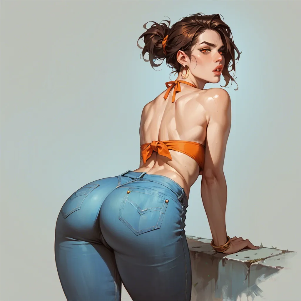 A girl : Big boobs and big ass and hair white ,A girl with orange tied-up hair, fair skin, full lips, and orange eyes , She is wearing a bikini top and blue jeans. A mâle fuck the gril