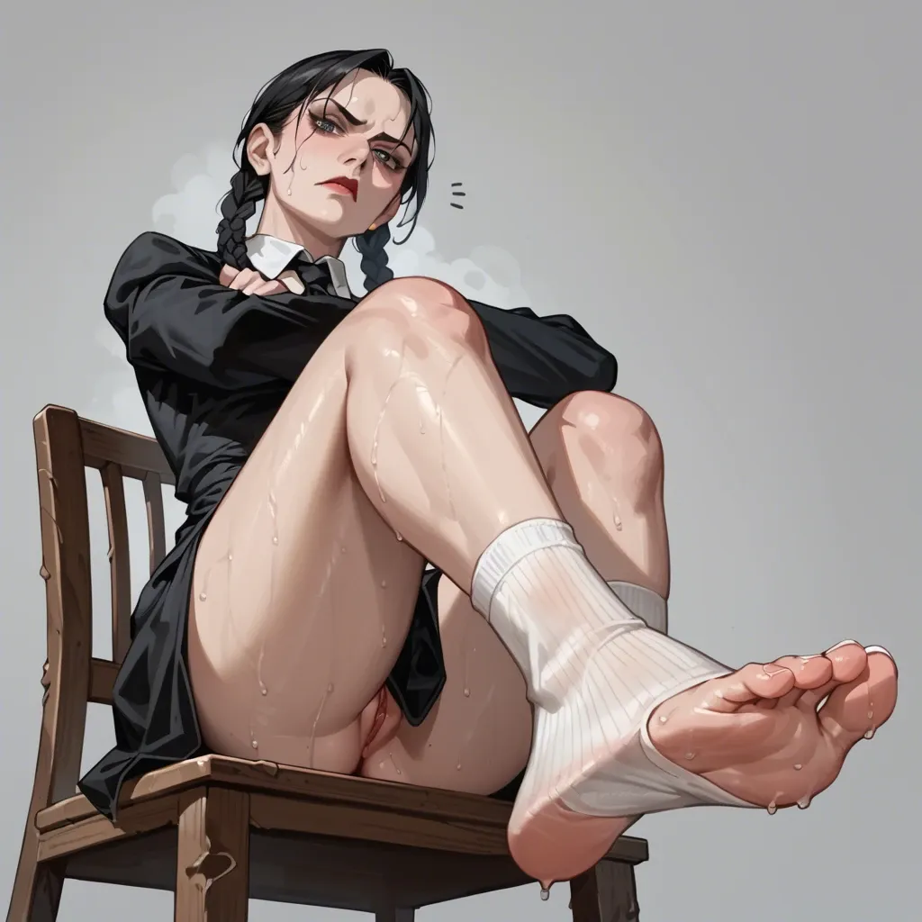 1girl, solo, Wednesday Addams \(Wednesday\), black dress, sweaty socks, , sitting on chair, crossed arms, looking at viewer, annoyed, soles focus, ((from below))