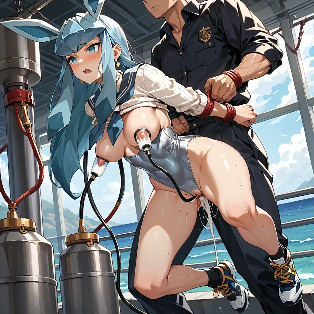 1girl,1boy, , , , milking machine,armored boots,puffy nipples,background sea,pearl necklace, school uniform,gold anklets,gold earrings,leotard aside,black sneakers, white sweater,glaceon,tied hands,bikini,white sneakers, bedroom eyes, sunny in forest, tavern, couch, princess peach, rapunzel waifu