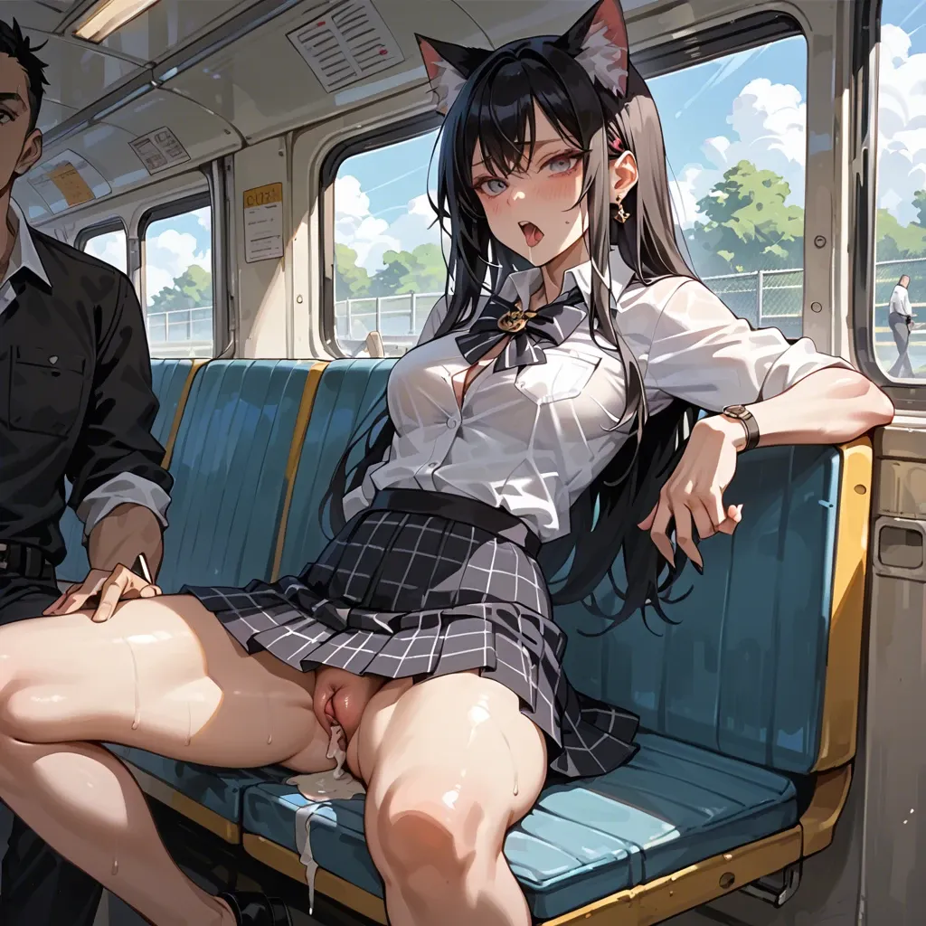 Cat girl pussy mini skirt ride boy dick in bus