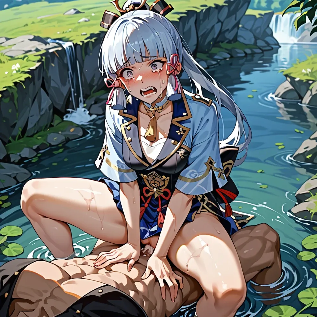 Ayaka from genshin impact , painful unconfortable sitting on top of a big dick, forced screaming overwhelmed  face, river of tears falling from her face,  wide open mouth with clenching grinning teeth, blushing extensively