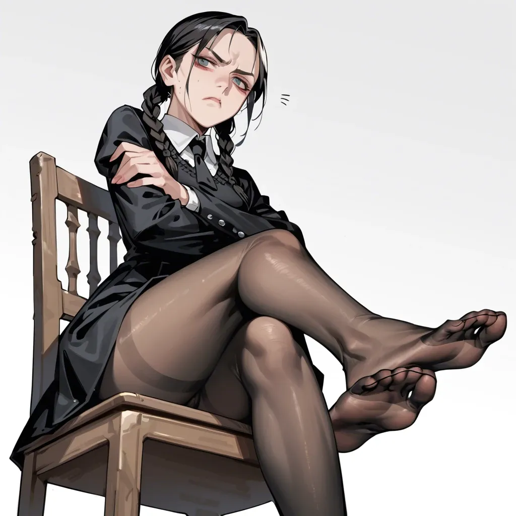 1girl, solo, Wednesday Addams \(Wednesday\), black dress, black pantyhose, sitting on chair, crossed arms, looking at viewer, annoyed, soles focus, ((from below))