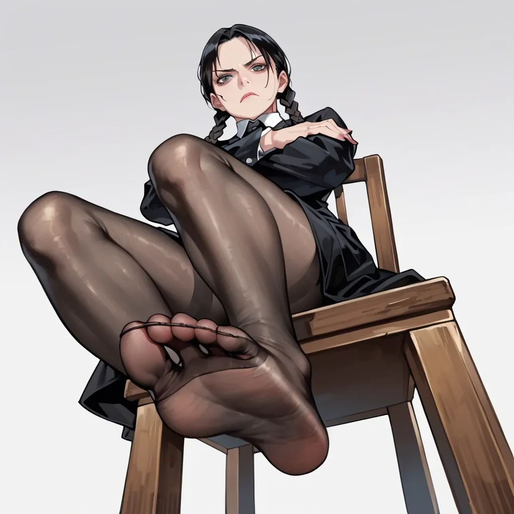 1girl, solo, Wednesday Addams \(Wednesday\), black dress, black pantyhose, sitting on chair, showing feet, crossed arms, looking at viewer, annoyed, soles focus, ((from below))