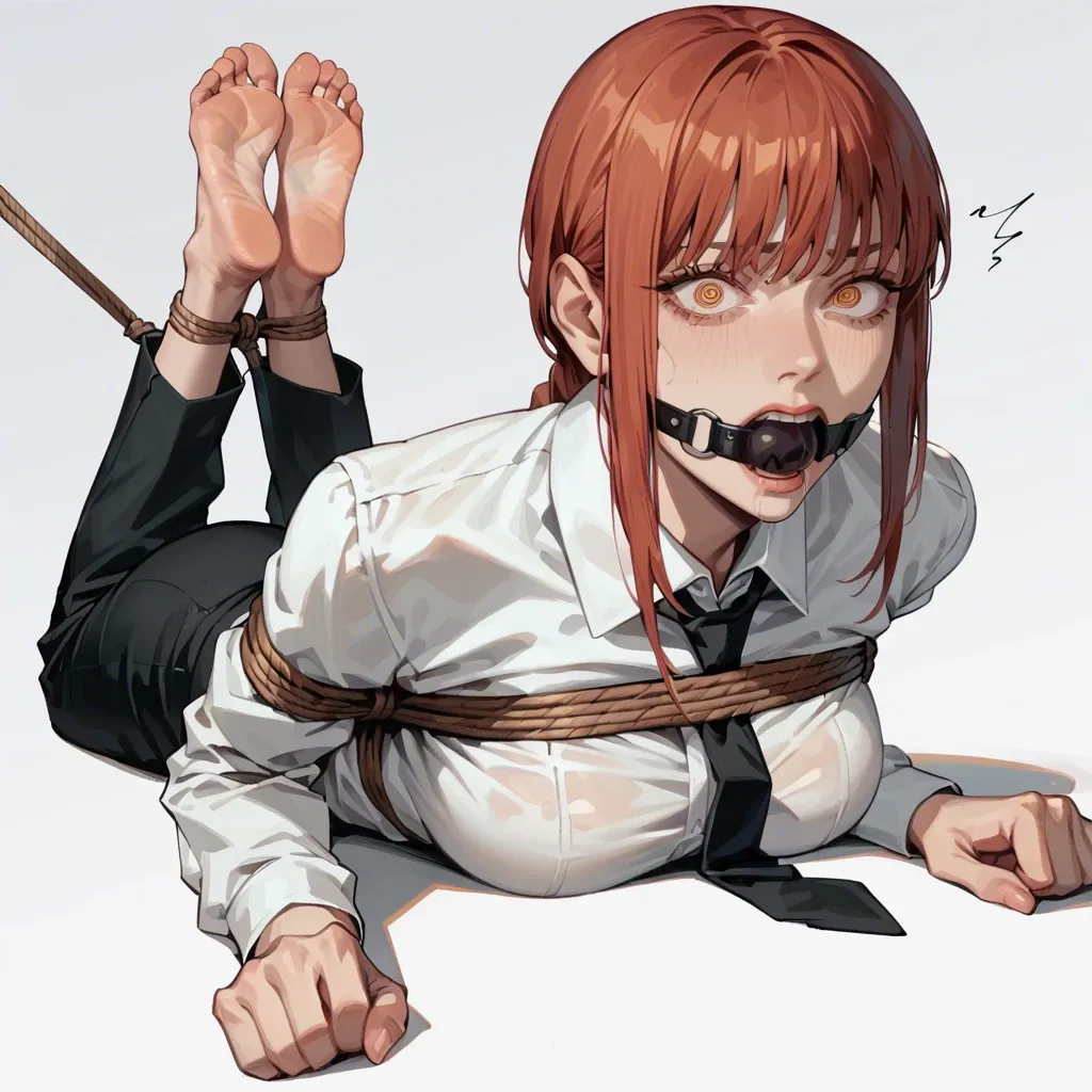 1girl, solo, Makima \(Chainsaw Man\), shirt, black trousers, barefoot, laying on stomach, rope bondage, hogtied, ball gagged, hands behind the back, looking at viewer, shocked, screaming, ((face view))