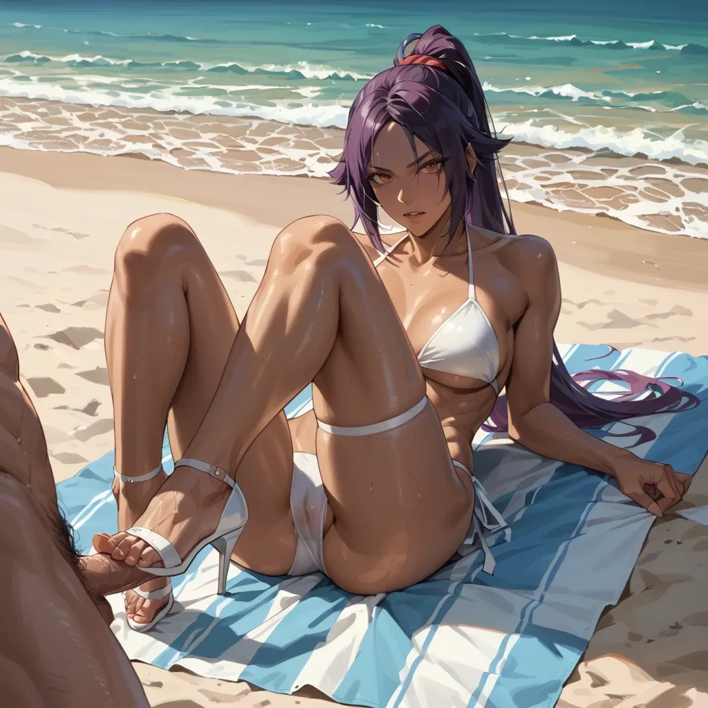 yoruichi doing footjob in white bikini and white high heels on the beach