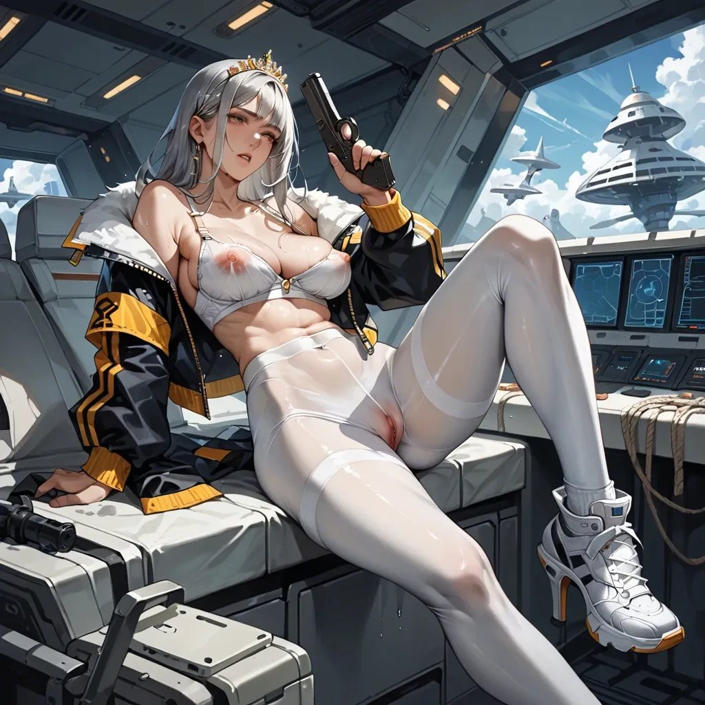 1girl,1boy, , , , nose,handgun,big nipples,covered navel,free shoulders, costume,tights,silver tiara,pull wet bra,high heels, cropped jacket,socks,golden tiara,loose bra,white sneakers, spaceship, bedroom eyes, 2 boys, rei