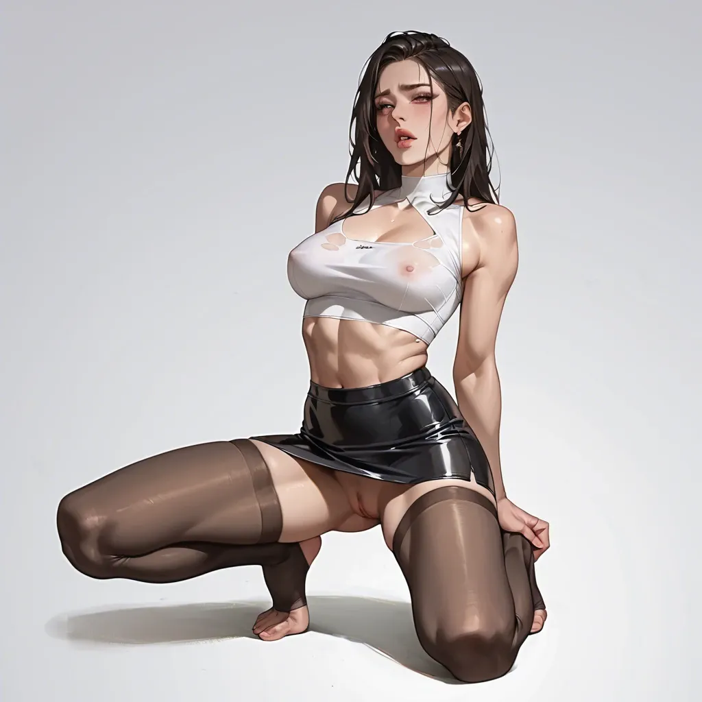 1 girl full body, lack leggings, knee shocks, tight skirt, big boobs, crop top, bitting lips