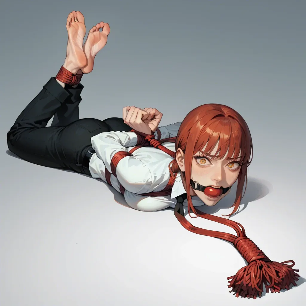 1girl, solo, cartoon style, Makima \(Chainsaw Man\), shirt, black trousers, barefoot, laying on stomach, rope bondage, hogtied, ball gagged, hands behind the back, looking at viewer, shocked, screaming, ((face view))