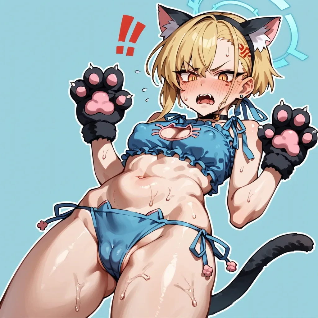 chibi,thick outline, Neru (blue archive), anger mark,sweat, cat lingerie,paw gloves,tail,cat ears, blush,сonical chest,erect nipples,puffy tummy,puffy cameltoe,huge cameltoe bulge