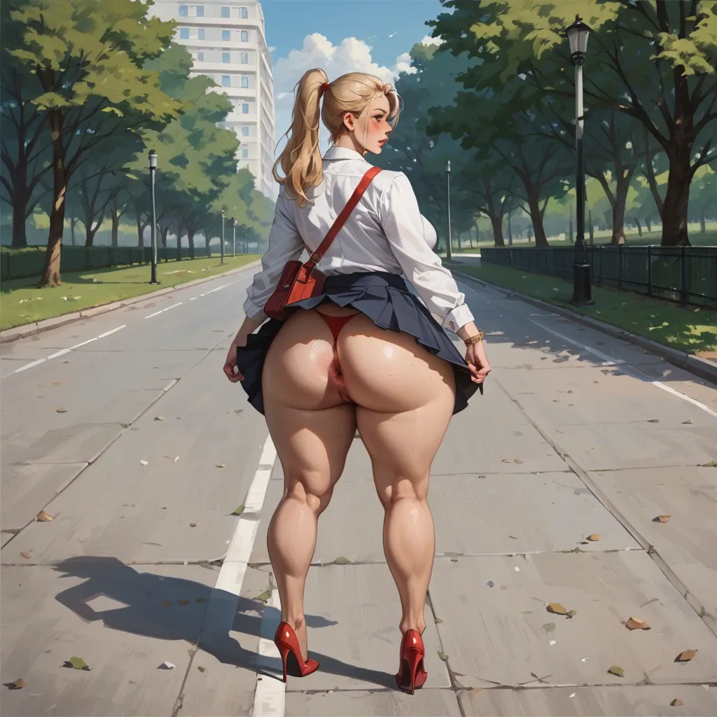 Red Thong, upskirt, fishnets, heels, blonde, ponytail, huge ass, big anus, in the park, standing pose, school mini skirt, white blouse, pawg, curvy, front view, holding skirt with hands, shy, показывает сиськи