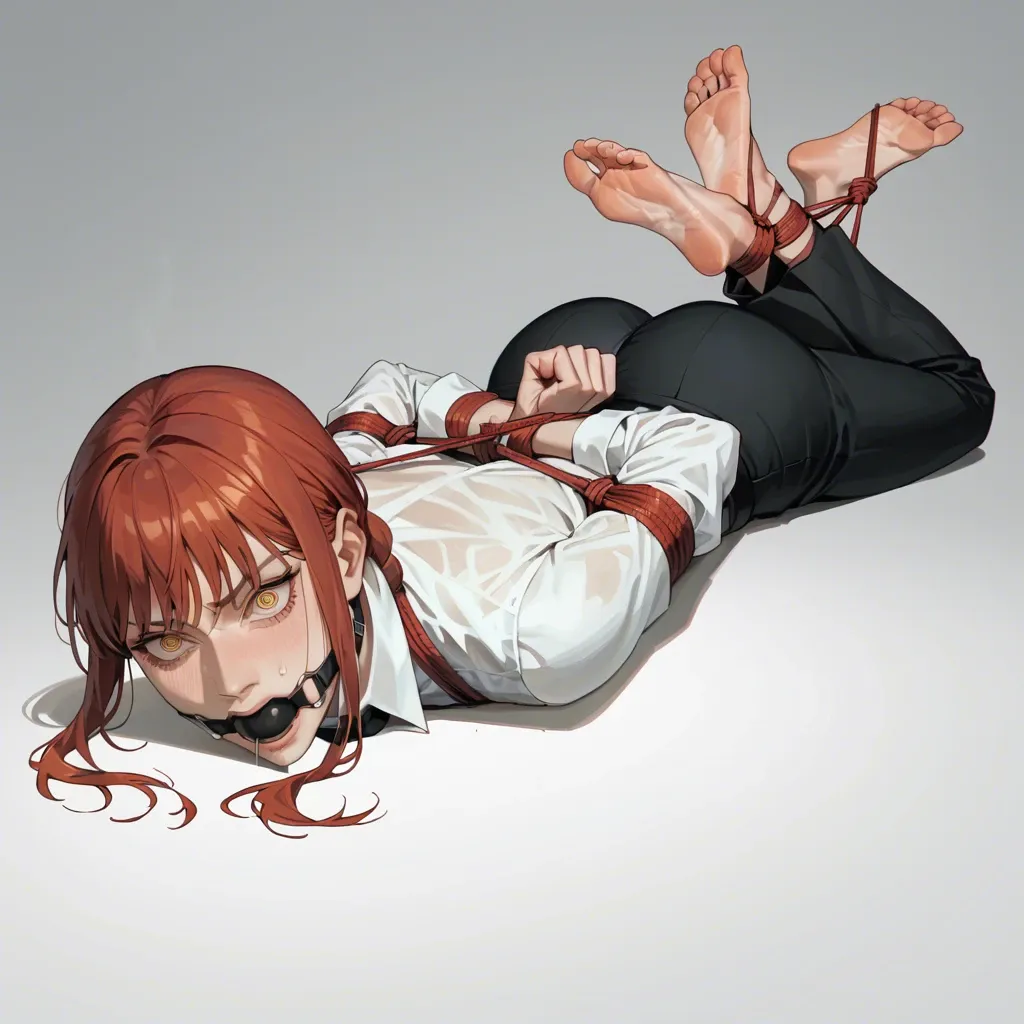 1girl, solo, anime style, Makima \(Chainsaw Man\), shirt, black trousers, barefoot, laying on stomach, rope bondage, hogtied, ball gagged, hands behind the back, looking at viewer, shocked, screaming, ((face view))