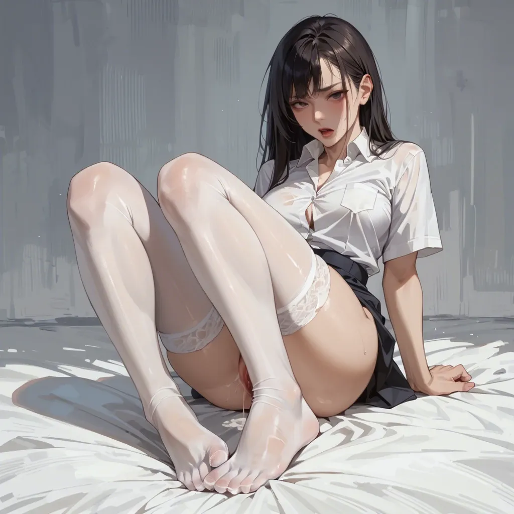 Girl, alone, white shirt, white stockings, foot fetish