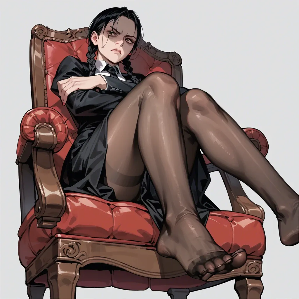 1girl, solo, Wednesday Addams \(Wednesday\), black dress, black pantyhose, sitting on chair, showing feet, crossed arms, looking at viewer, annoyed, ((from below))