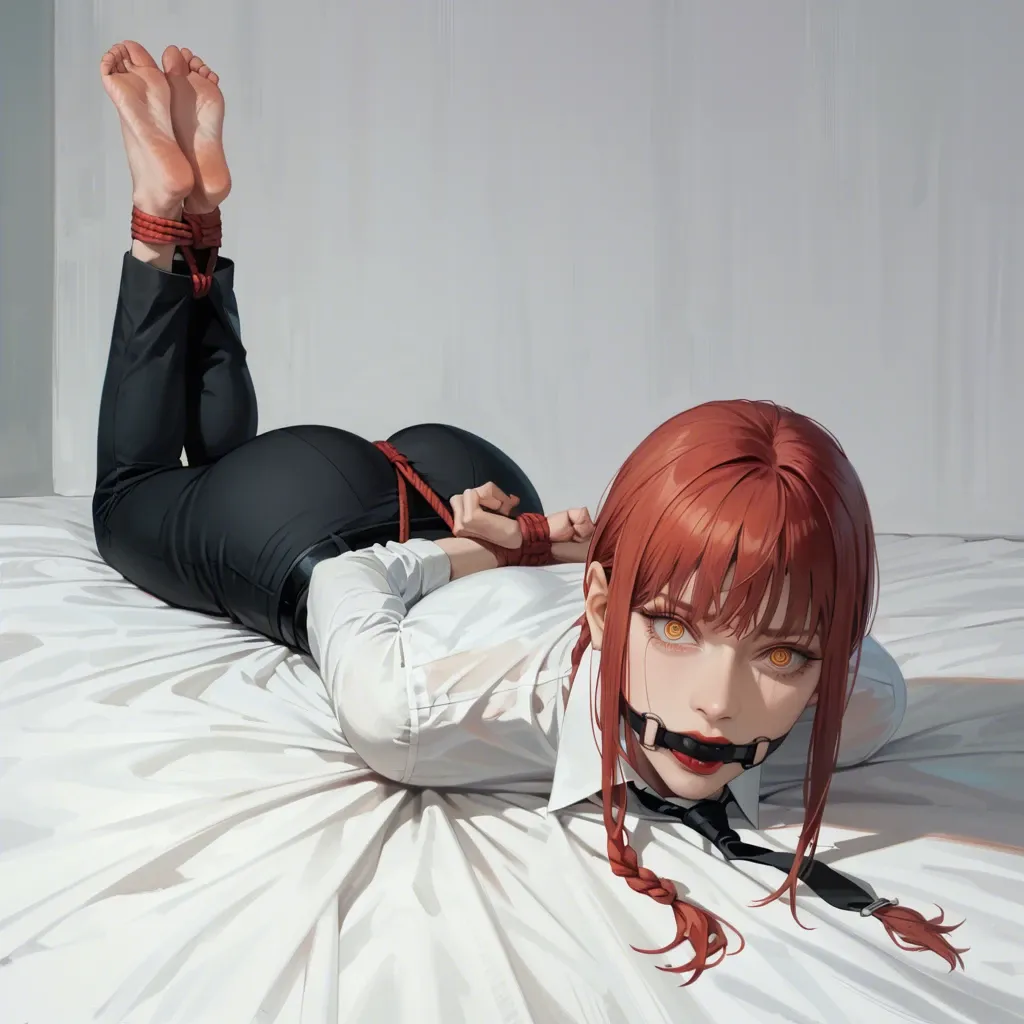 1girl, solo, Makima \(Chainsaw Man\), shirt, black trousers, barefoot, laying on stomach, rope bondage, hogtied, ball gagged, hands behind the back, looking at viewer, shocked, screaming, ((face view))