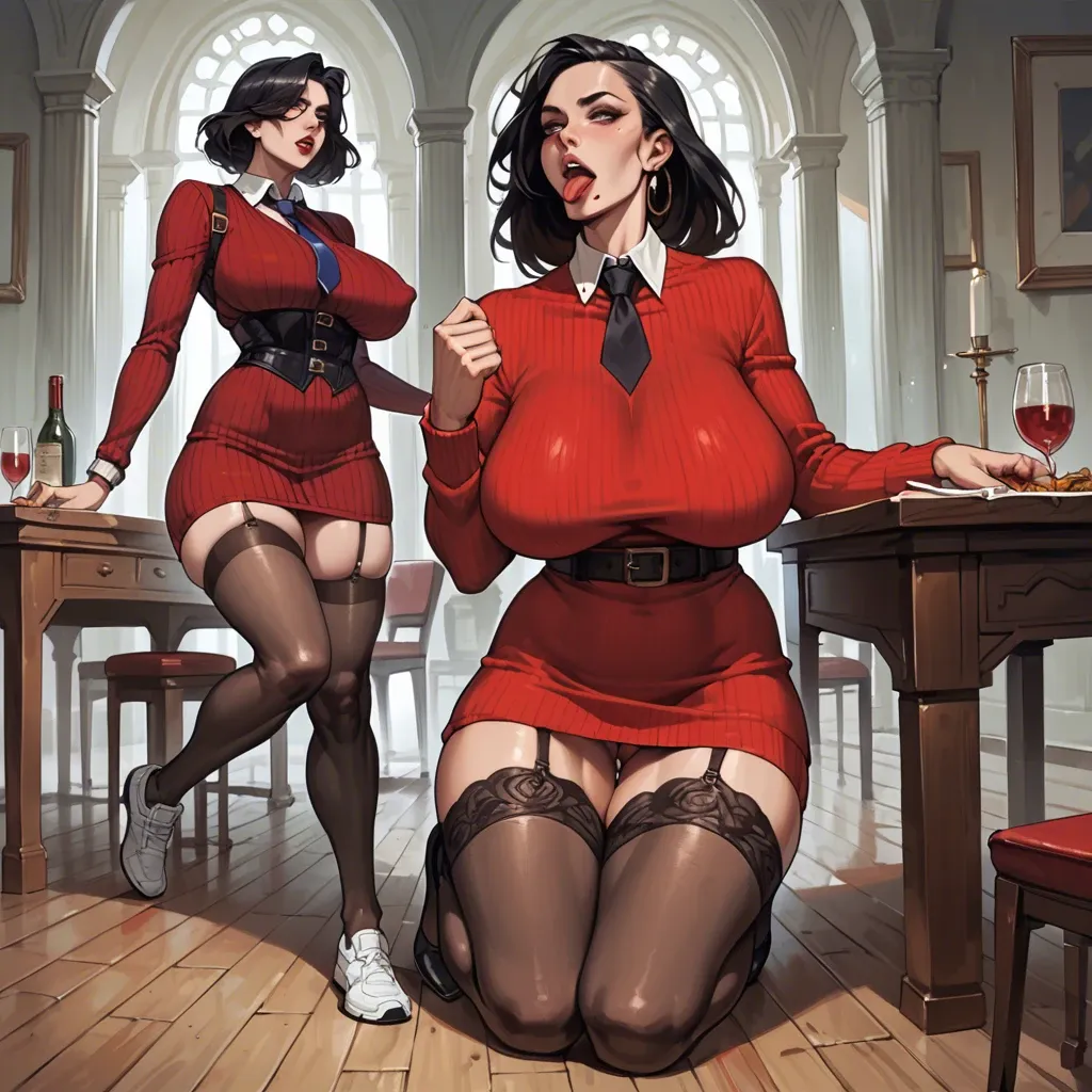 2girl, , , , sexy mole,1 leg up,saggy breasts,super wide hips,fat neck, tongue,kneeling,huge breast,table,necktie, sweater,sexy stockings,belt,corset,running shoes, red dress,anklets,necktie,hand on panties,gothic boots, school uniform,lace stockings,lace choker,latex corset,black boots, club, blake, dungeon, robot body, spiked dildo, detailed body, bright day, princess zelda, ariel