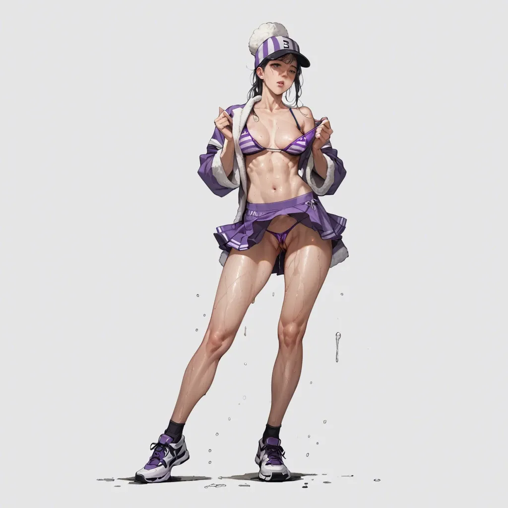 1girl,solo, , , , nose,armored boots,nipple slip,saggy labia,neck, purple dress,laced,sports cap,wet bikini,ballet shoes, bathrobe,striped,wool hat,mini skirt bra,shoes, bare midriff, beach, spaceship, ariel waifu