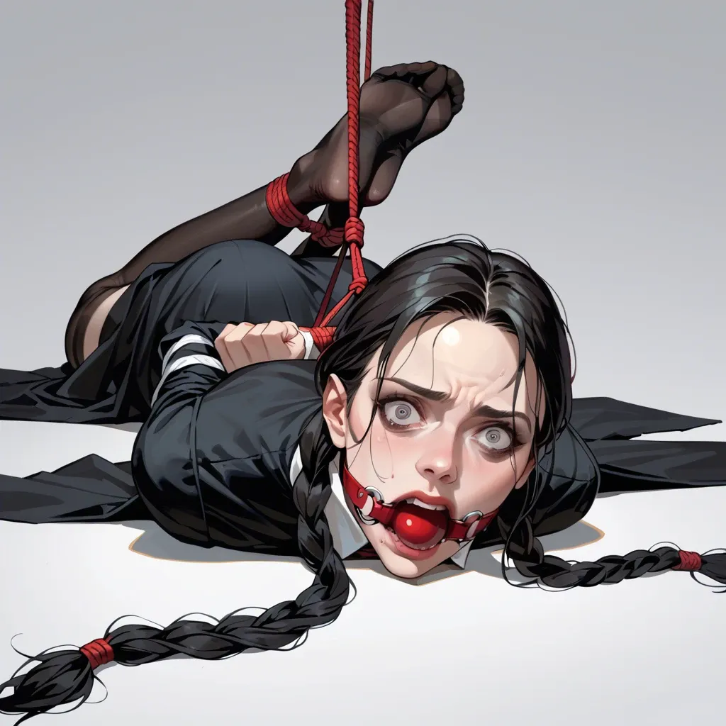 1girl, solo, Wednesday Addams \(Wednesday\), black eyes, black dress, sweaty socks, laying on stomach, rope bondage, hogtied, ball gagged, hands behind the back, looking at viewer, shocked, screaming, ((face view))