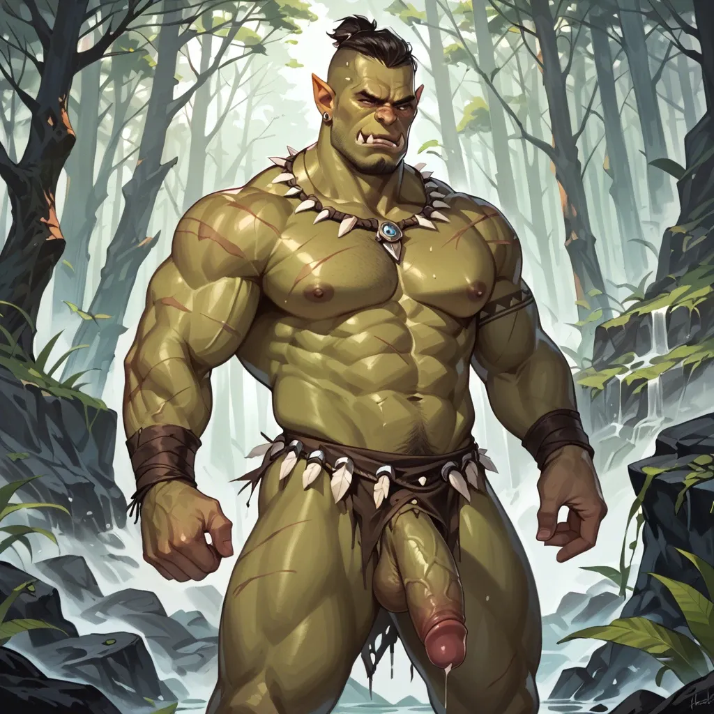 “A powerful, muscular orc with a rugged, battle-worn physique, standing against a background of rocky mountains or a dense forest. His green skin is marked with scars and tribal tattoos, emphasizing his strength and fierce warrior spirit. The orc has intense, intimidating facial features, with tusks protruding slightly from his lower jaw and a fierce expression in his eyes. The overall scene captures a raw, primal energy, with details of the orc’s powerful frame highlighted against the natural, wild environment.” big dick,ejaculation