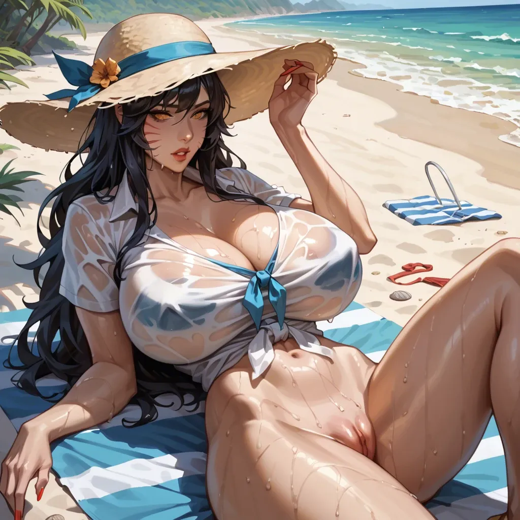 Ahri with sunhat ,  she is sitting and slightly laying back sexily at beach ,boobs almost spilling out  , leopardpatter , wearing wet white see trough shirt thats tied on waist , very huge breasts  ,(gigantic breasts) , (saggy boobs), (single tail)  , (detailed) , (cartoony) , (no earring) , (closeup), (leopardpatternthighs ) ,