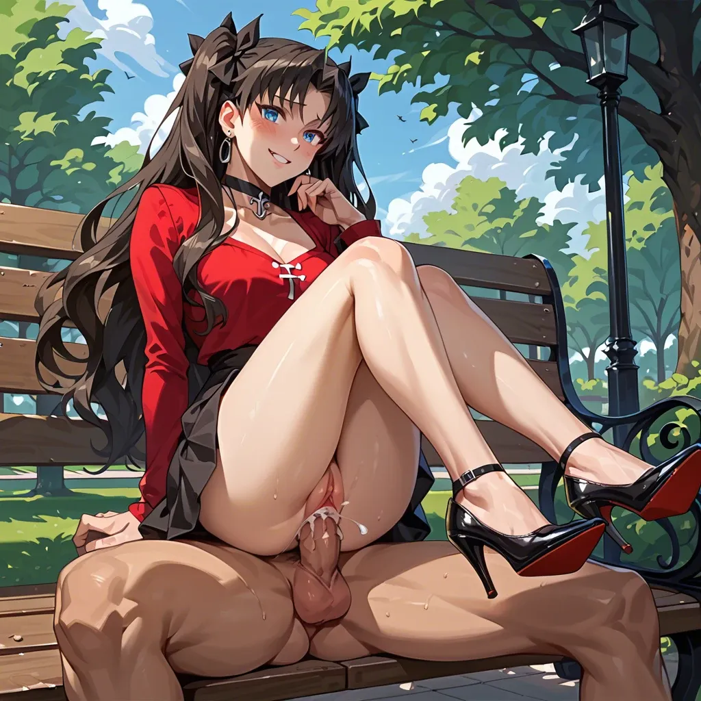 1girl1boy,,,,rin tohsaka,blue eyes,black high heels,choker,seductive smile,blushing,park,bench,sitting on dick,sneak fuck,pussy quality,creampie,panties slide to side,