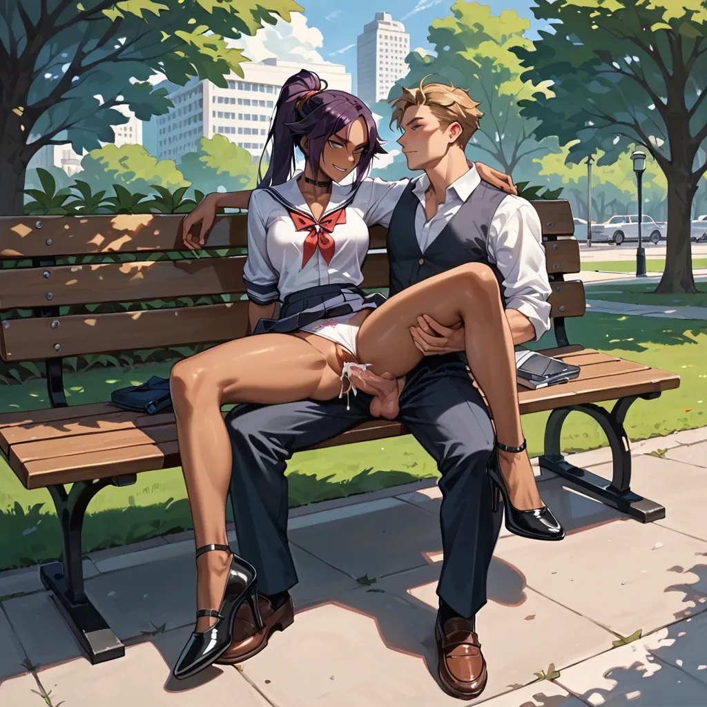 1girl1boy,,,,yoruichi shihouin,blue eyes,school uniform,black high heels,choker,seductive smile,blushing,park,bench,sitting on dick,sneak fuck,creampie,panties slide to side,