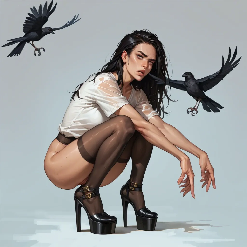 1girl,solo, , , , touching, pirate black hair, taned skin,hands,perky big tits,void background,on her knees, shirt pull,black pantyhose,laurel crow,platform heels,