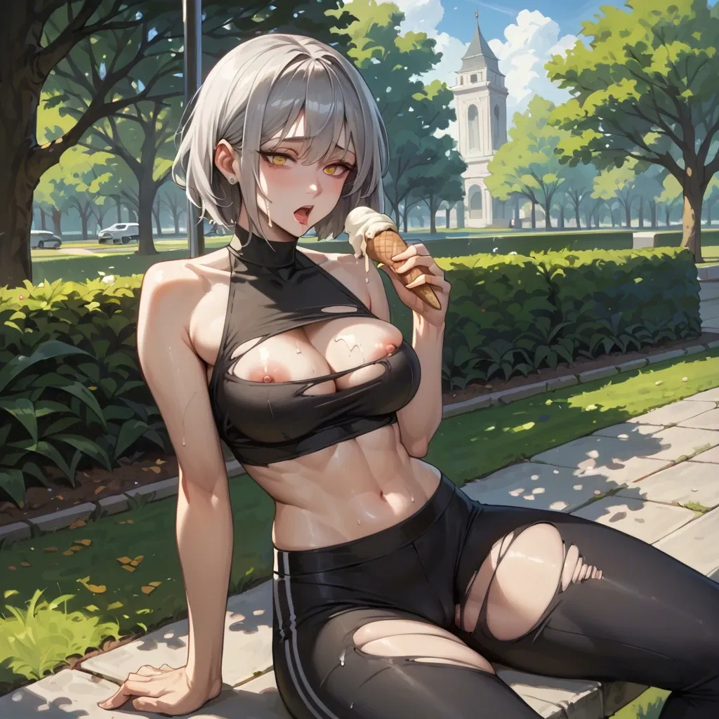 masterpiece, gray hair, yellow eyes, beautiful body, beautiful stomach, wide hips, black yoga pants, sitting on a park, --ar 1:2 --c 1 --style expressive, begging eyes, sfw, taking an ice cream, torn clothes, one tit reveal