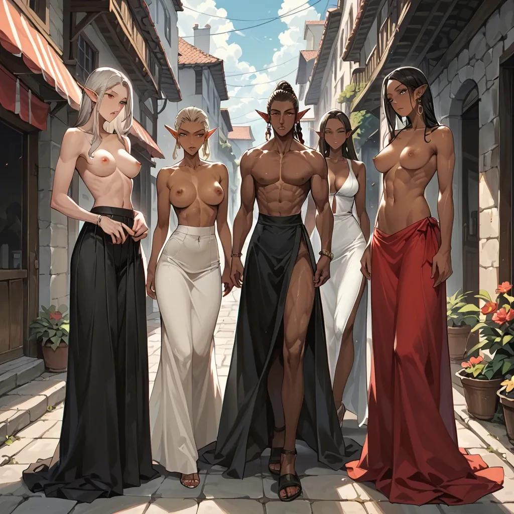 Dark elf, very slim, red eyes, topless, long skirt, group sex