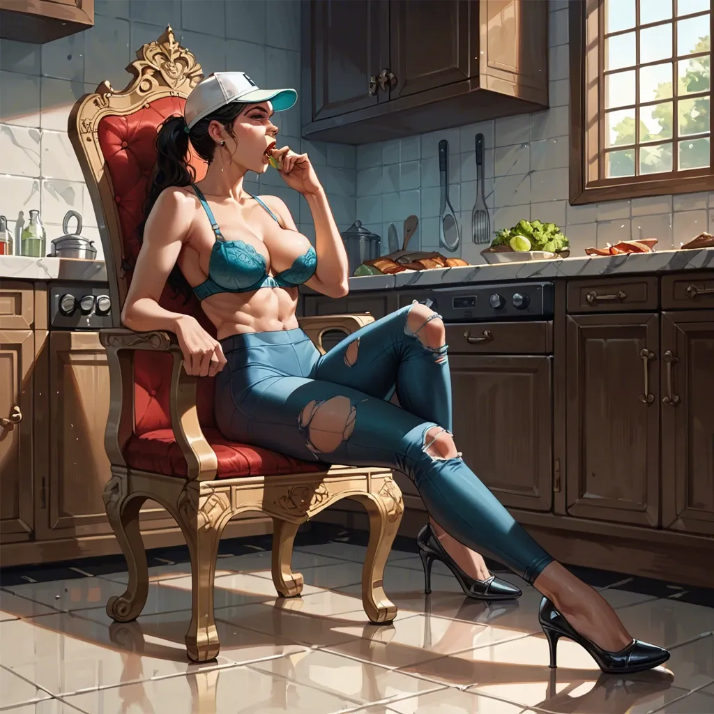 2girl, , , , nose piercings,hand in mouth,firm breasts,oily breasts,knee-highs, ripped pants,leggings,tennis cap,bra,high heels, in a kitchen, parking, throne room, breast bondage, western cartoon, dim lighting, zelda, anna hair