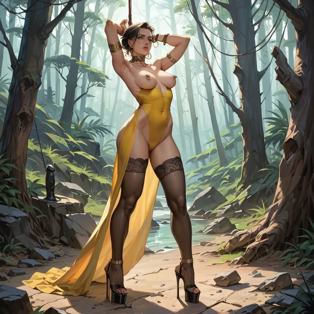 2girl, , , , high cheekbones,armpits,nipple ring,arabian harem,standing up, yellow dress,leggings,tied up,highleg leotard,platform heels, barely, pine forest, cyberpunk, dildos, ultra realistic, at night