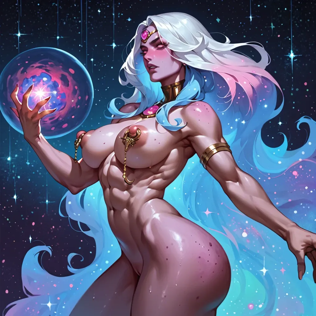 Cosmos body, galaxy skin, cosmos girl, sticking out big perky round tits, cosmos nipple rings, front side view from above, sticking out athletic bubble butt, cosmos face, abs, bubble butt, deity, creation of the universe