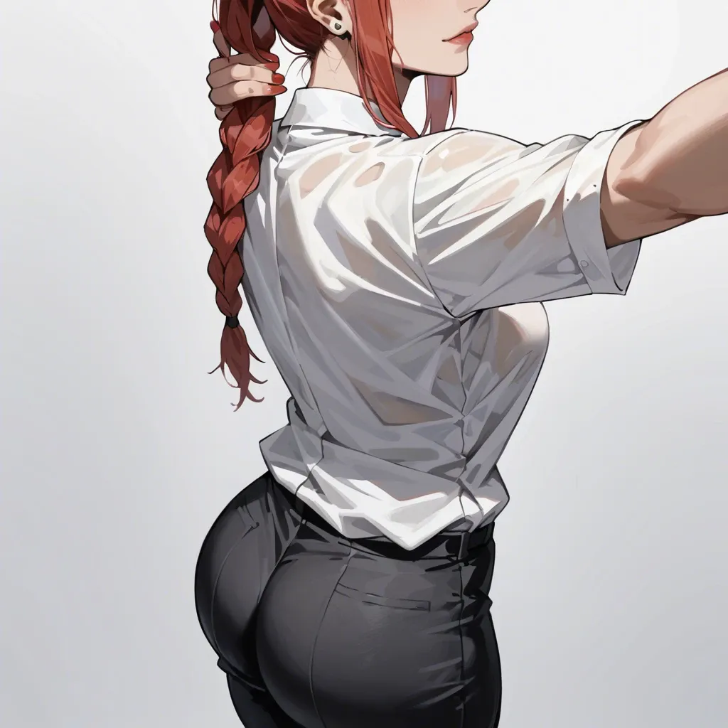 Makima, fully dressed, fully clothed, black pants, white shirt, big ass, selfie