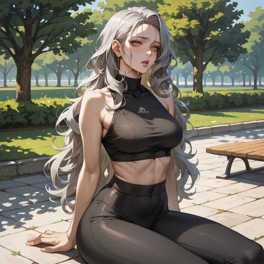 masterpiece, gray hair, yellow eyes, beautiful body, beautiful stomach, wide hips, black yoga pants, sitting on a park, --ar 1:2 --c 1 --style expressive, begging eyes, sfw, taking an ice cream, long hair, curly