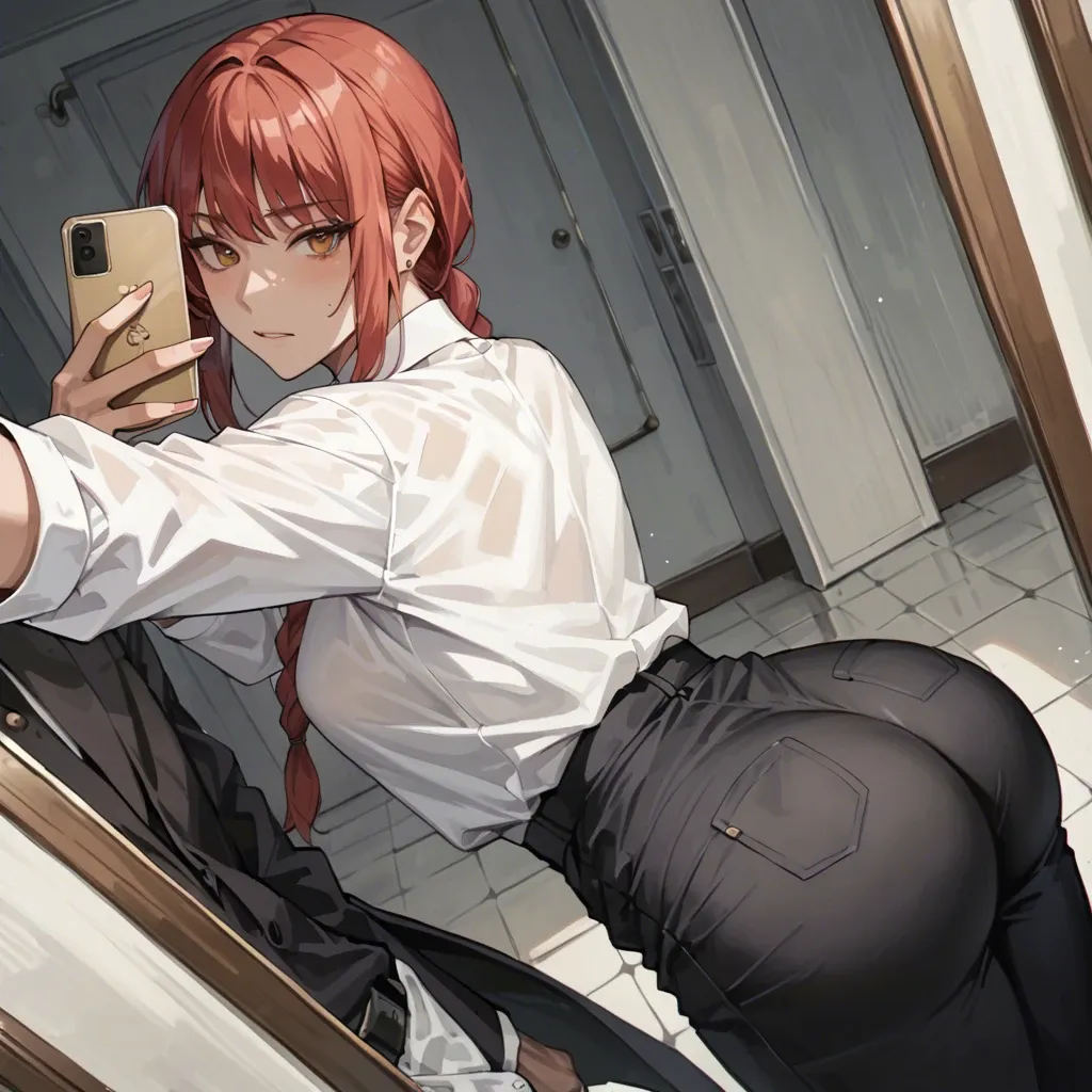 Makima, fully dressed, fully clothed, black pants, white shirt, big ass, selfie