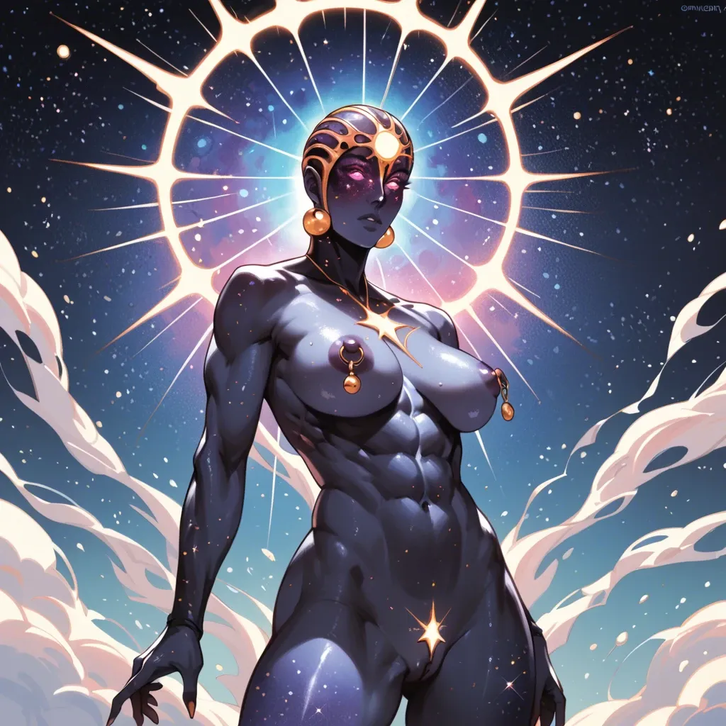 Cosmos body galaxy skin, girl, sticking out big perky round tits, cosmos nipple rings, front side view from above, sticking out athletic bubble butt, cosmos face, abs, bubble butt, deity