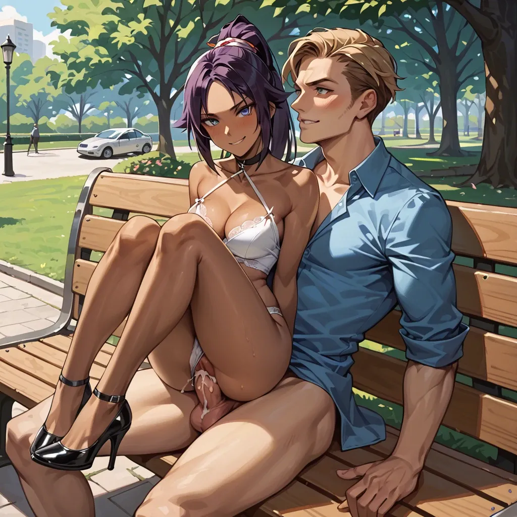 1girl1boy,,,,yoruichi shihouin,blue eyes,black high heels,choker,seductive smile,blushing,park,bench,sitting on dick,sneak fuck,pussy quality,creampie,panties slide to side,