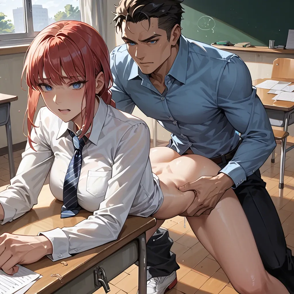 1girl1boy,,,,makima,blue eyes,classroom,doggystyle position,lay on desk,spread legs,man grab her arms from behind,man lays on makima and choke her,