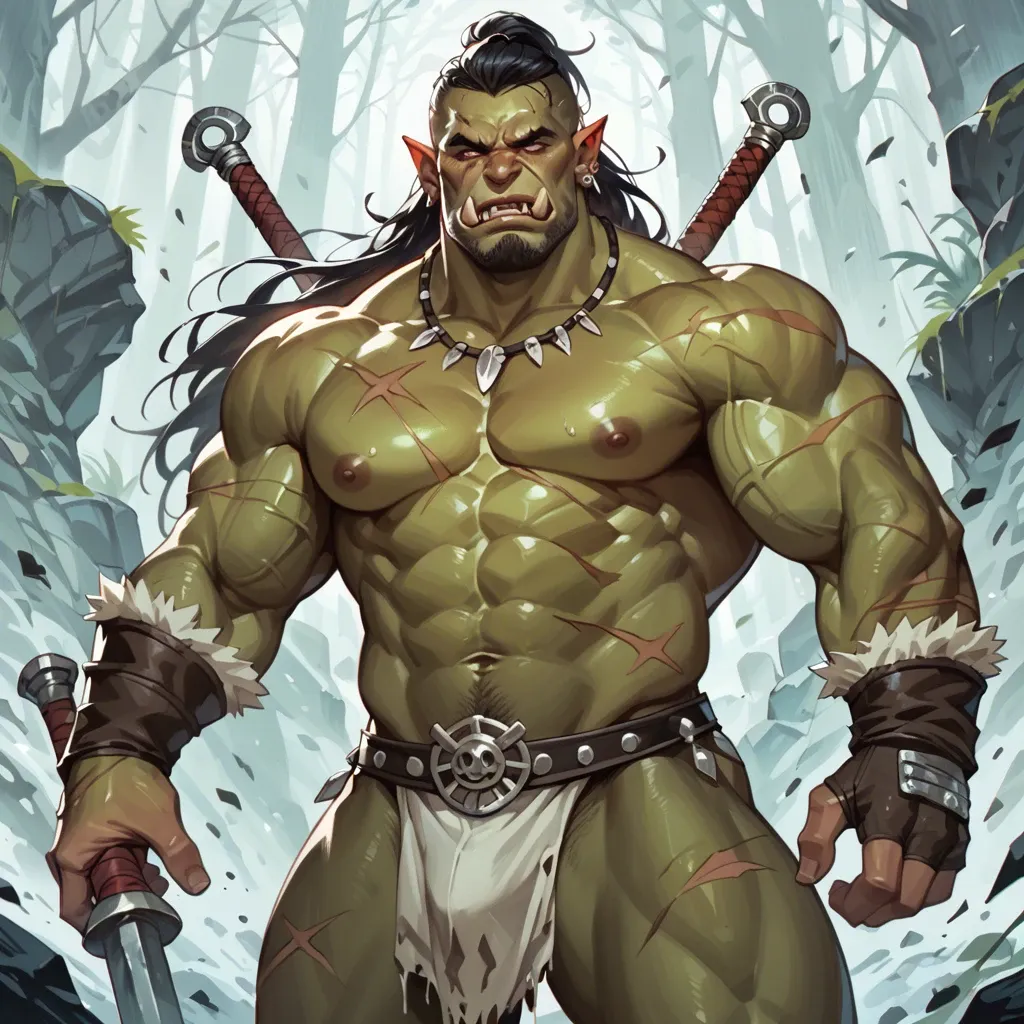 “A powerful, muscular orc with a rugged, battle-worn physique. His green skin is marked with scars and tribal tattoos, emphasizing his strength and fierce warrior spirit. The orc has intense, intimidating facial features, with tusks protruding slightly from his lower jaw and a fierce expression in his eyes. The overall scene captures a raw, primal energy, with details of the orc’s powerful frame highlighted against the natural, wild environment.” big dick,ejaculation,fucking a guy in standing carry position