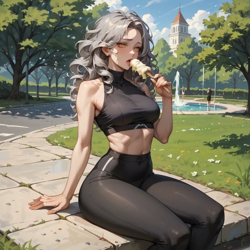 masterpiece, gray hair, yellow eyes, beautiful body, beautiful stomach, wide hips, black yoga pants, sitting on a park, --ar 1:2 --c 1 --style expressive, begging eyes, sfw, taking an ice cream, curly hair