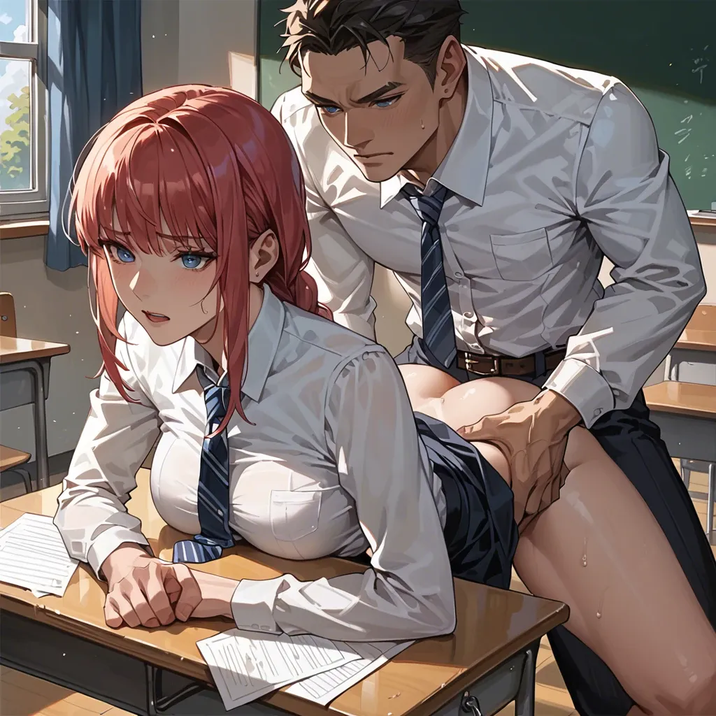 1girl1boy,,,,makima,blue eyes,classroom,doggystyle position,lay on desk,spread legs,man grab her arms from behind,man lays on makima and choke her,