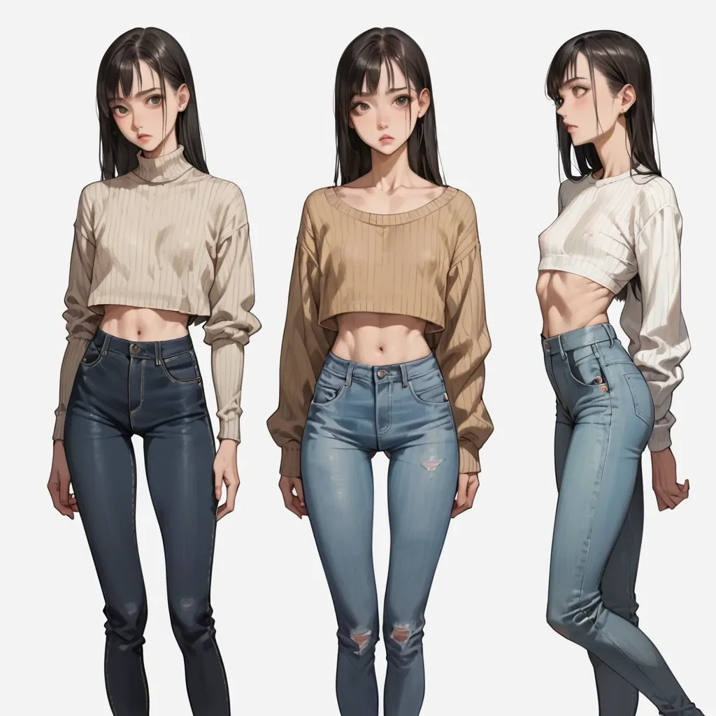 detailed, flat chest, big eyes, skinny, sweater, jeans, wide hip, wide thigh gap, thin legs, slim waist