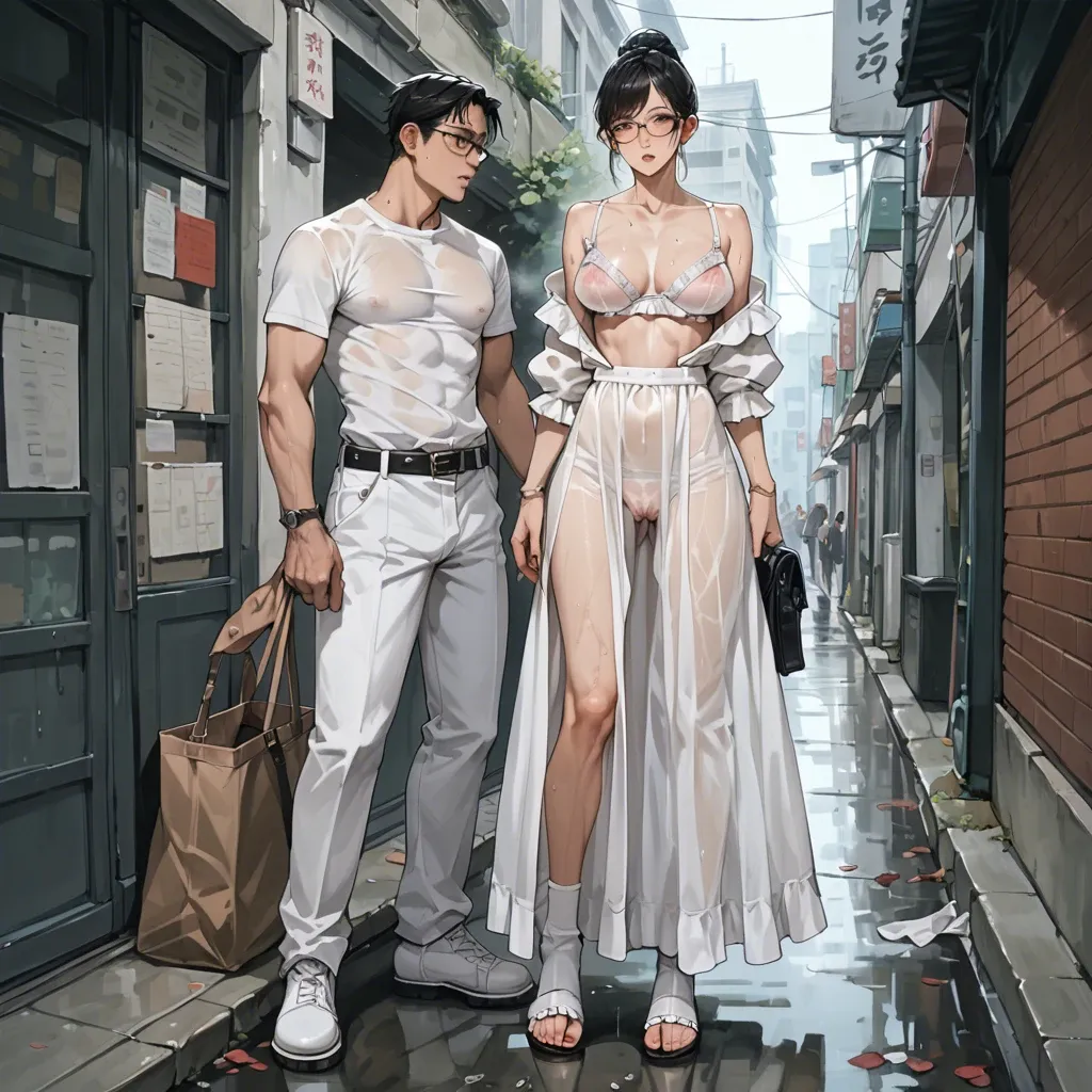 1girl,1boy, , , , mole,camel toe,round big tits,side breasts,skinny body, shirt,white socks,rings,frilled bra,sandals, long dress,black fishnet,glasses,wet bra,white boots, tied shirt,lace,purple gloves,thongs,high heels, subway, spaceship, cyborg girl, lara croft, rapunzel waifu, dynamic