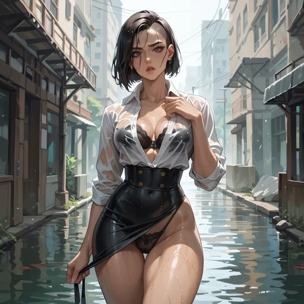 Fit girl, bobcut hair, narrow waist, big thighs, croptop black dress, white unbuttoned shirt, black bra, tight white panties, wet, better quality, high graphics, more details