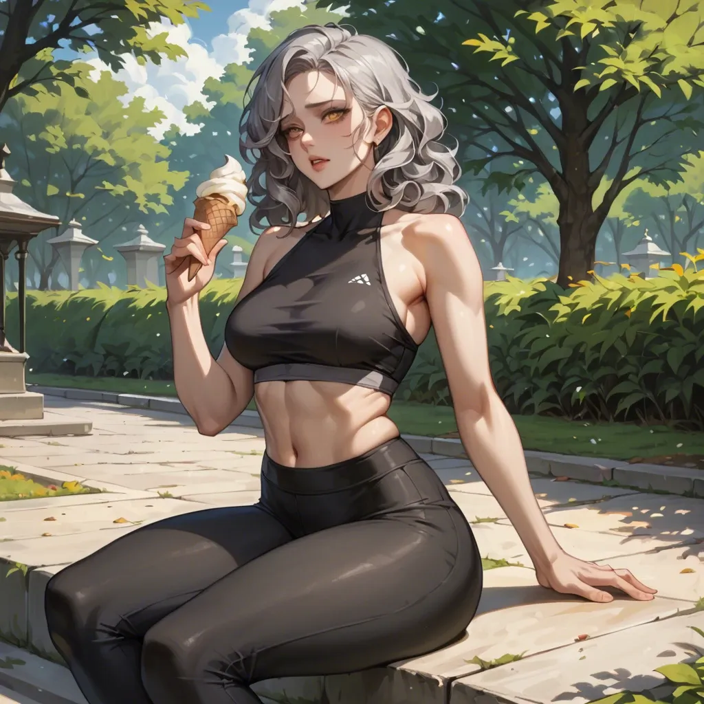 masterpiece, gray hair, yellow eyes, beautiful body, beautiful stomach, wide hips, black yoga pants, sitting on a park, --ar 1:2 --c 1 --style expressive, begging eyes, sfw, taking an ice cream, curly hair