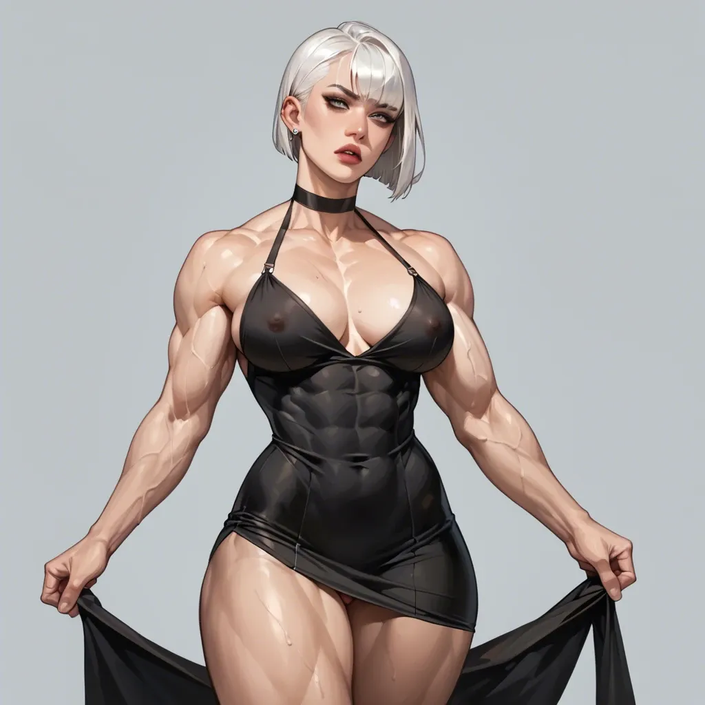 Fit girl, white bobcut hair, narrow waist, big muscular thighs, transparent black dress, better quality, high graphics, more details,