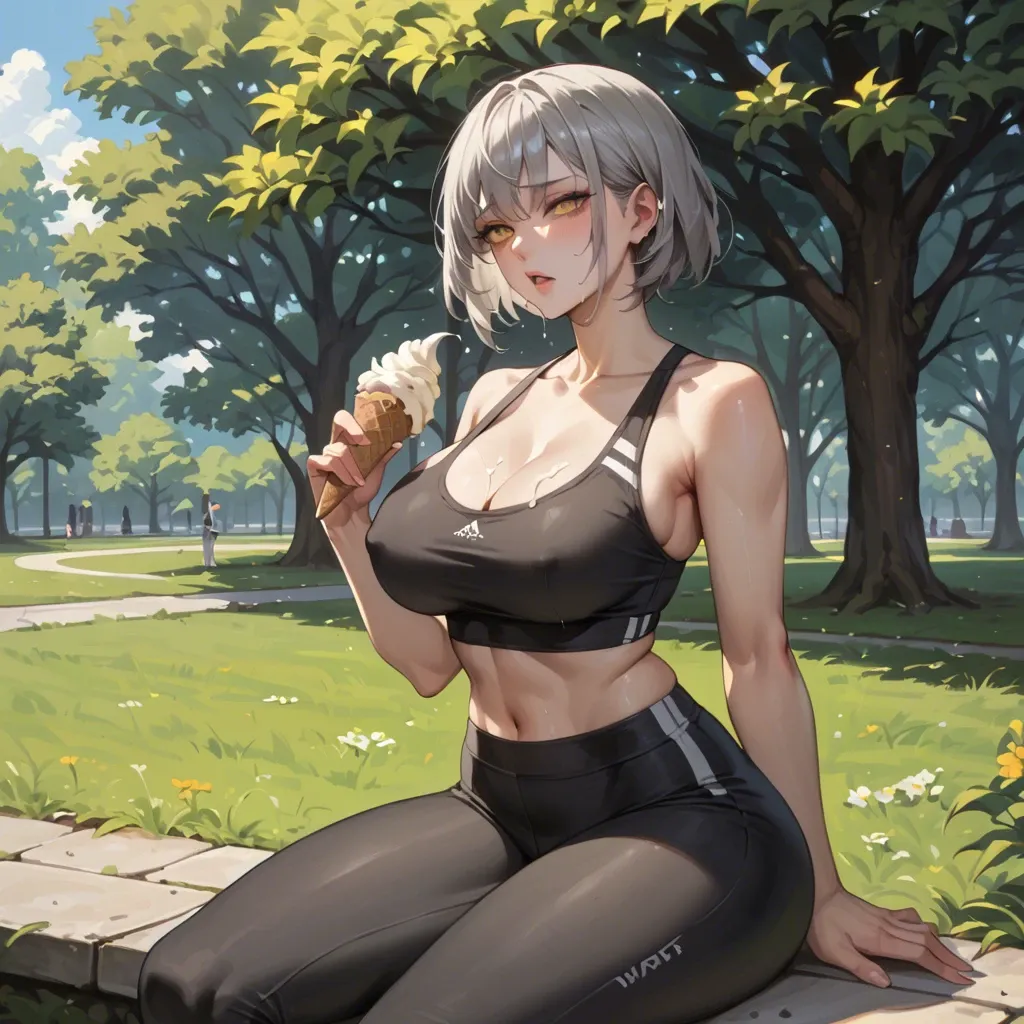 masterpiece, gray hair, yellow eyes, beautiful body, beautiful stomach, wide hips, black yoga pants, sitting on a park, --ar 1:2 --c 1 --style expressive, begging eyes, sfw, taking an ice cream