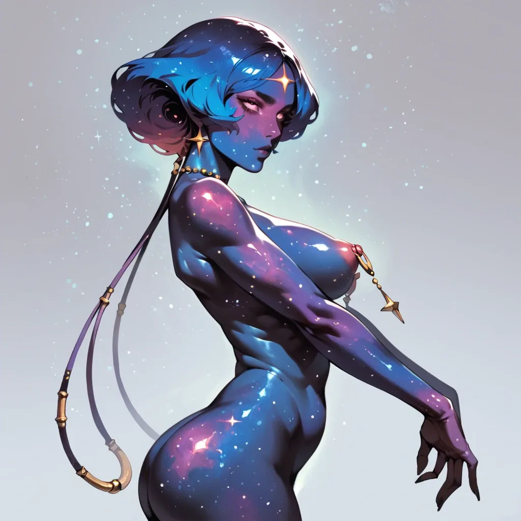 Cosmos body, galaxy skin, cosmos girl, sticking out big perky round tits, cosmos nipple rings, front side view from above, sticking out athletic bubble butt, cosmos face, slim belly, bubble butt, deity, creation of the universe