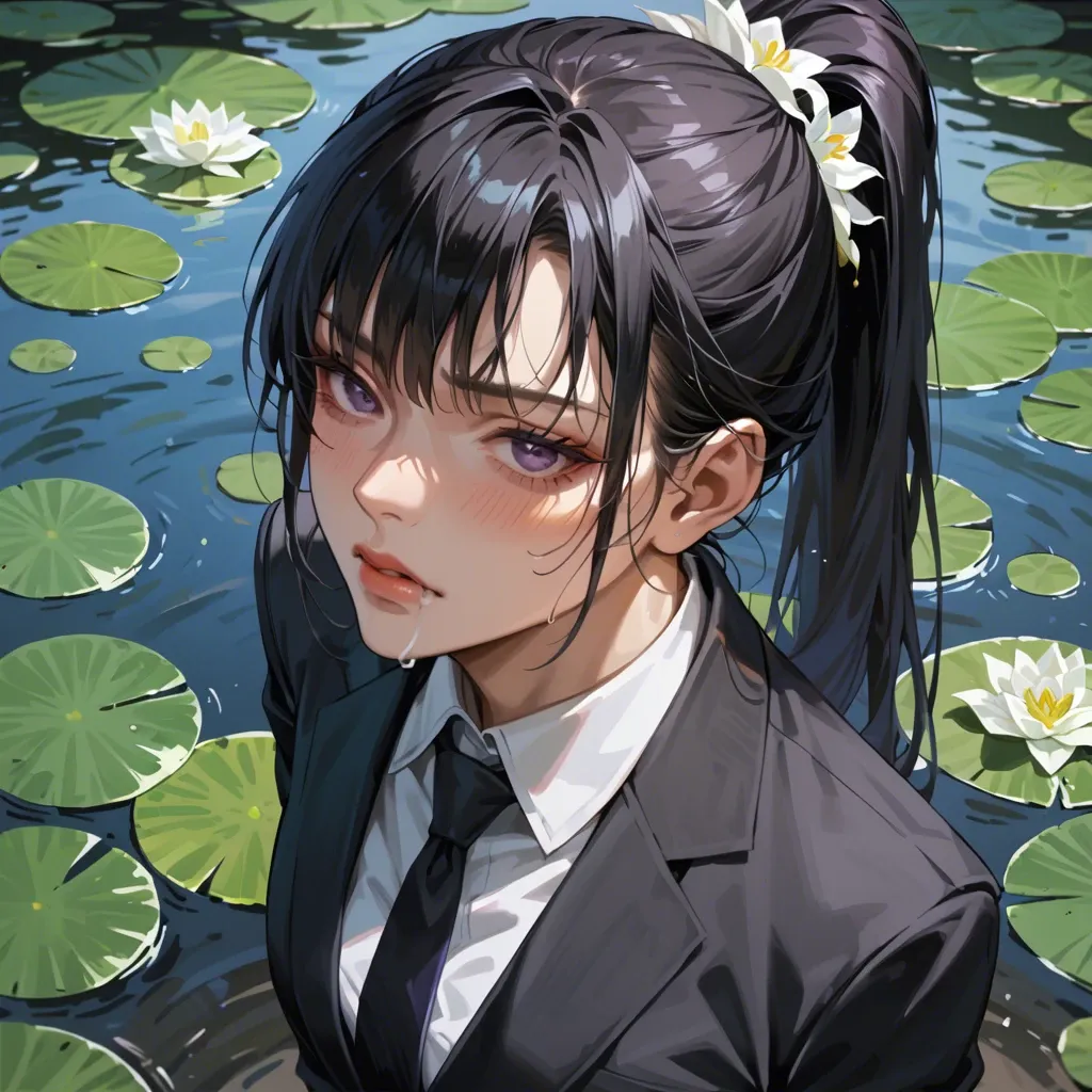 girl, light skinned, black hair tied in a long ponytail with bangs covering the right side of her face, a single light blue highlight, a white water lily flower on the head, wears a black business suit, bluish-purple eyes